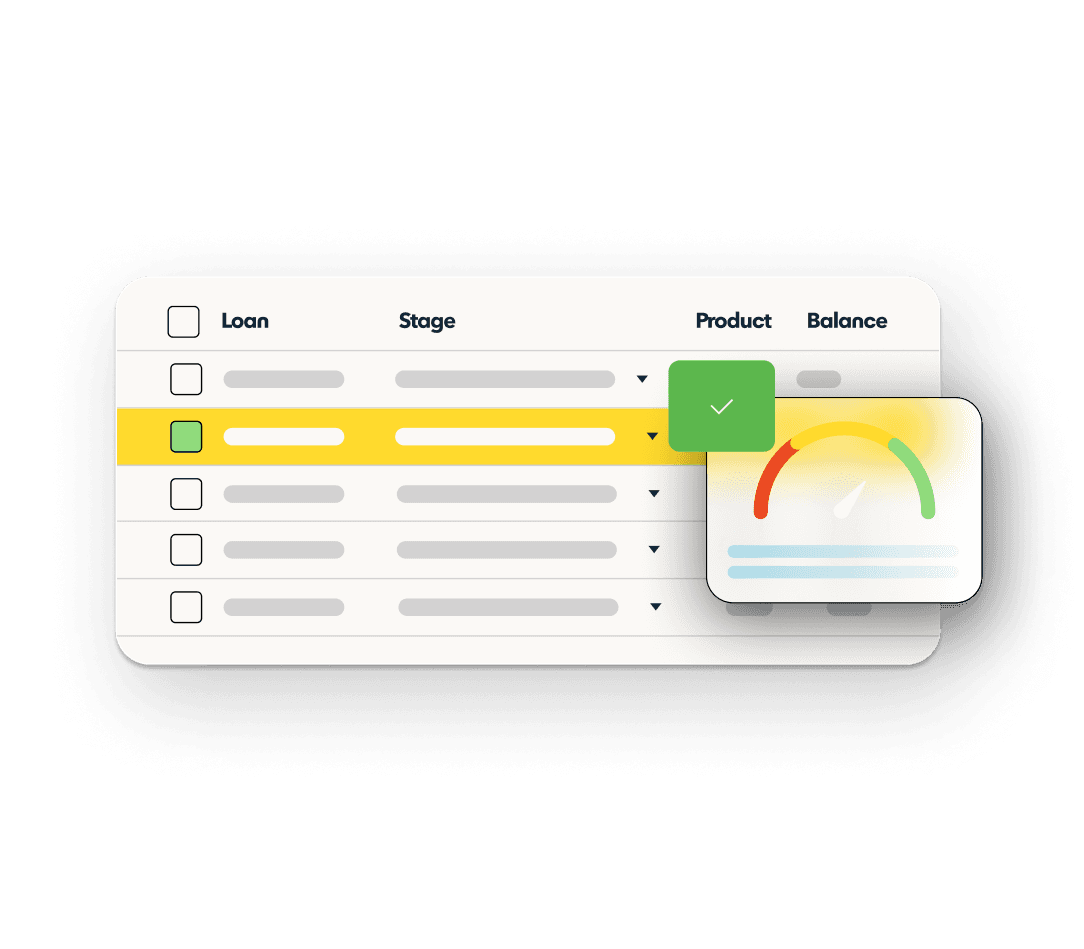 A generic list graphic with a row highlighted in yellow as a credit score graph floats slightly above it to the right. 