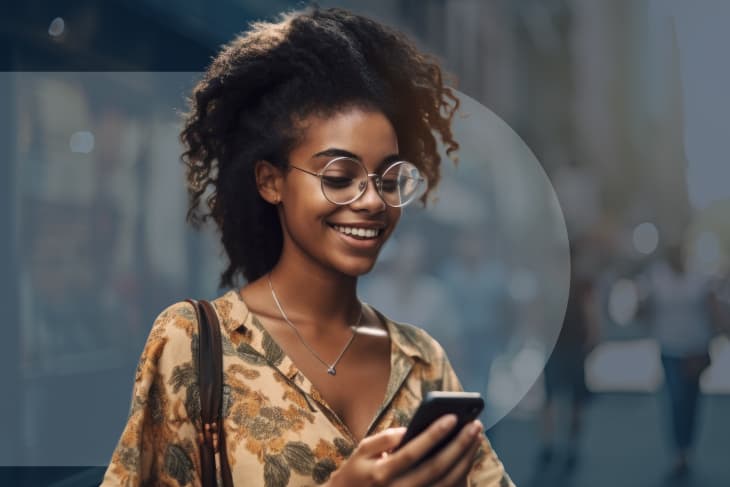 A woman looks at her phone