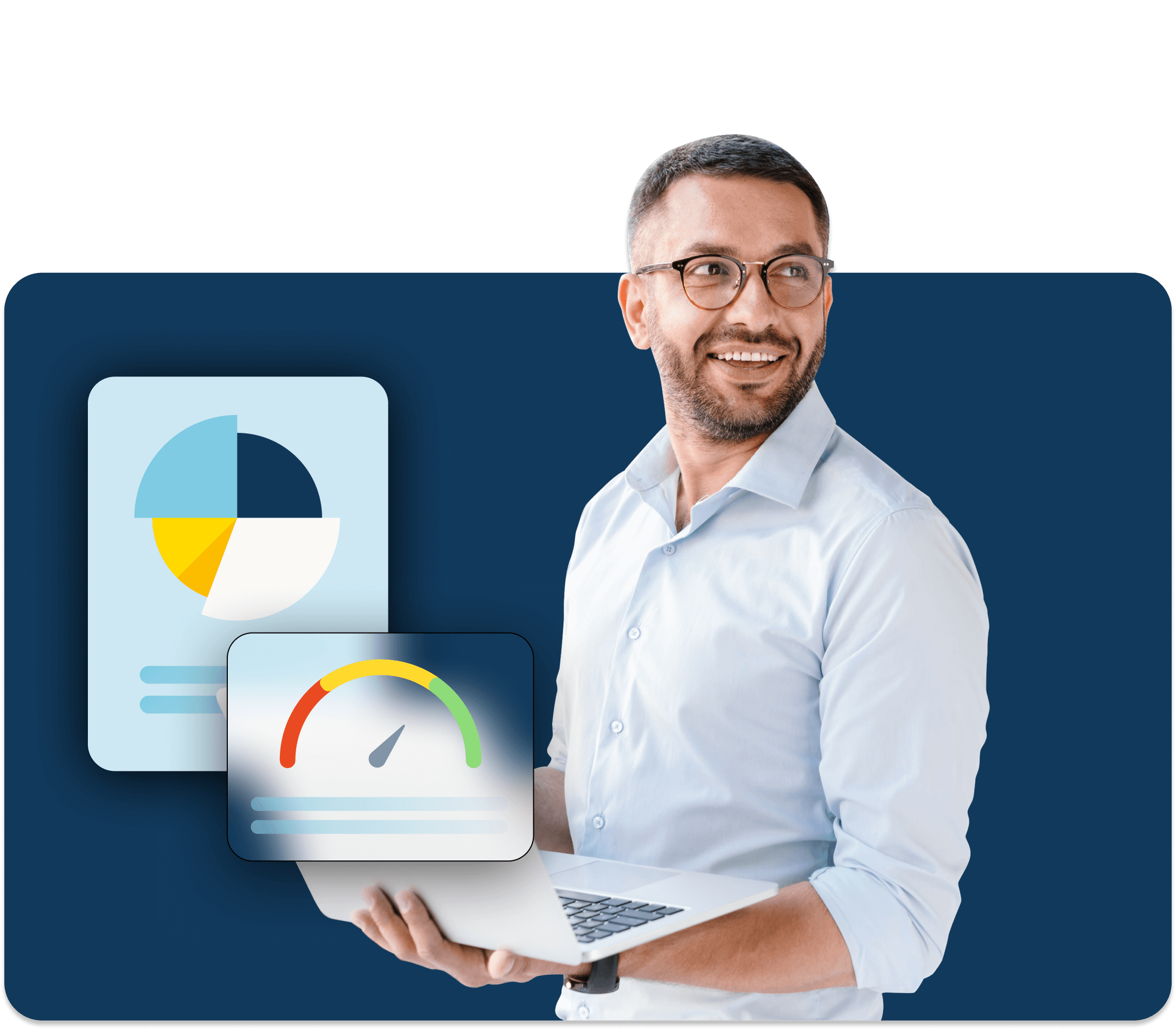 A smiling man in glasses holds a lap top with floating data around him.