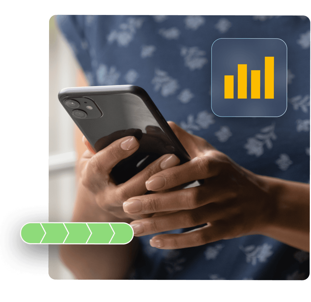 a Woman holding a mobile device with abstract graphs floating on top