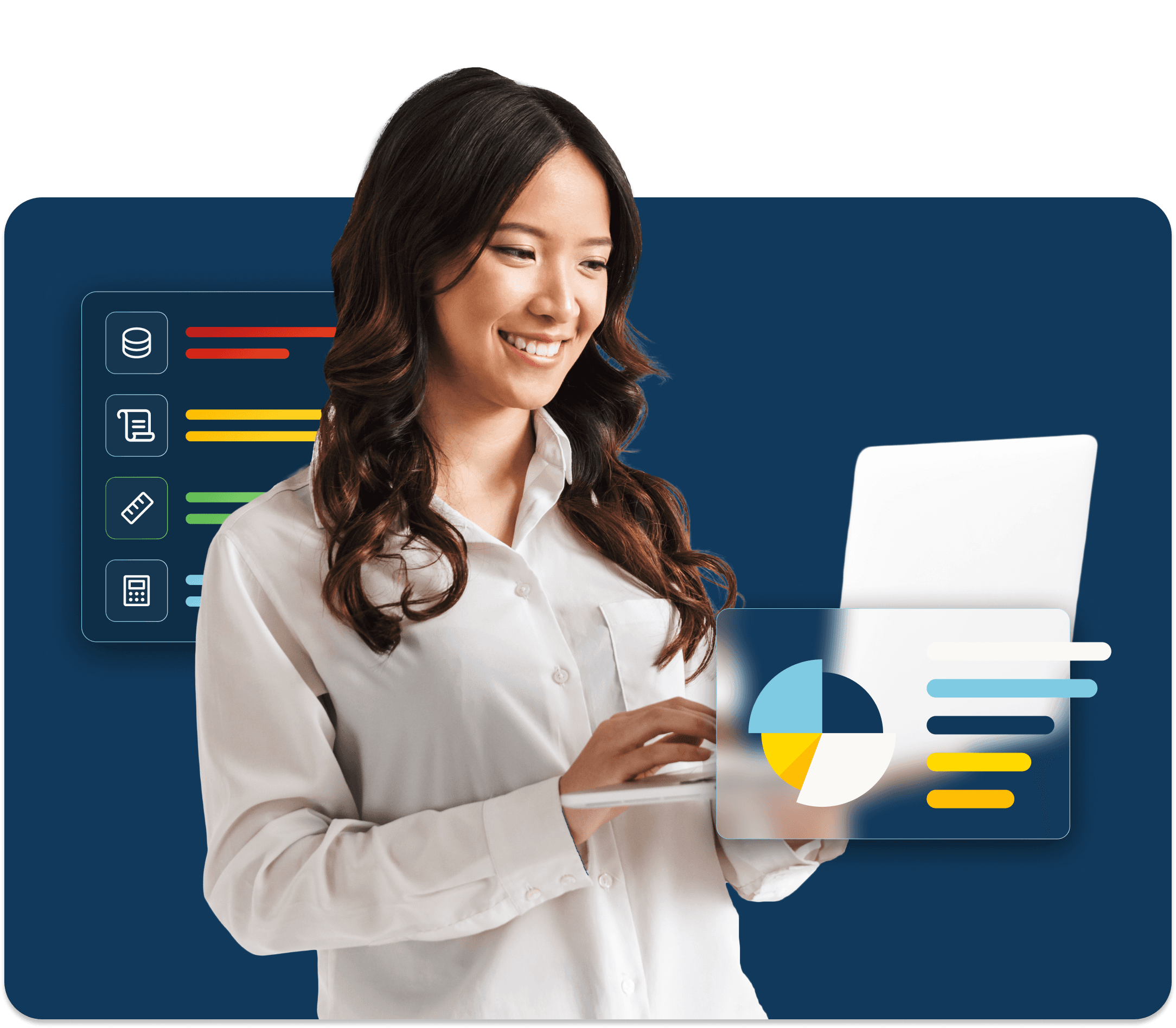 A professional woman smiles at her laptop while she reviews data and colorful graphs hover around her.