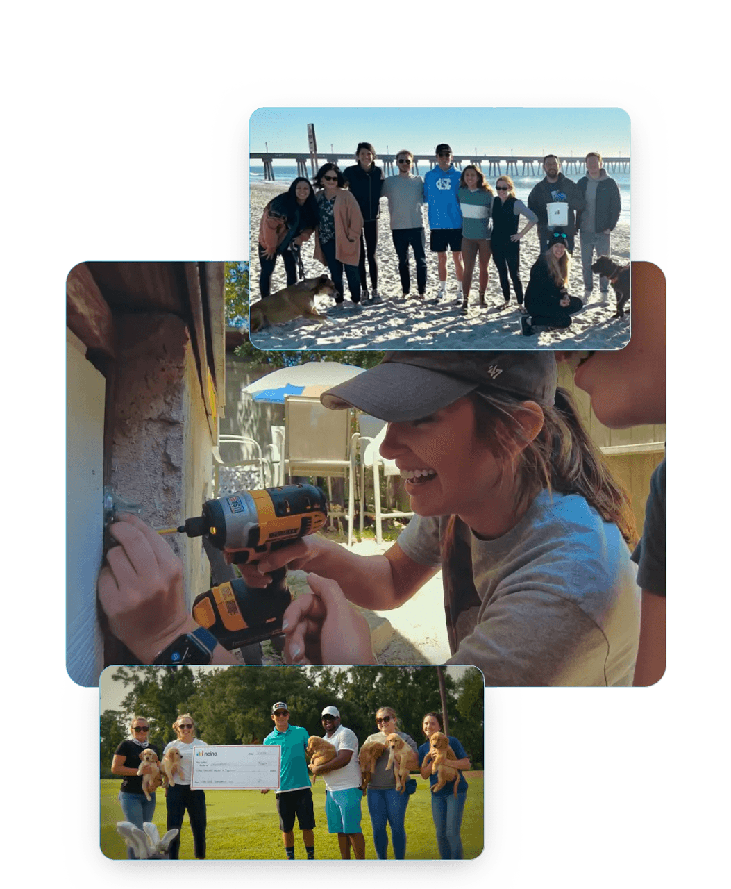 A collage of phots shows different nCino employees volunteering.