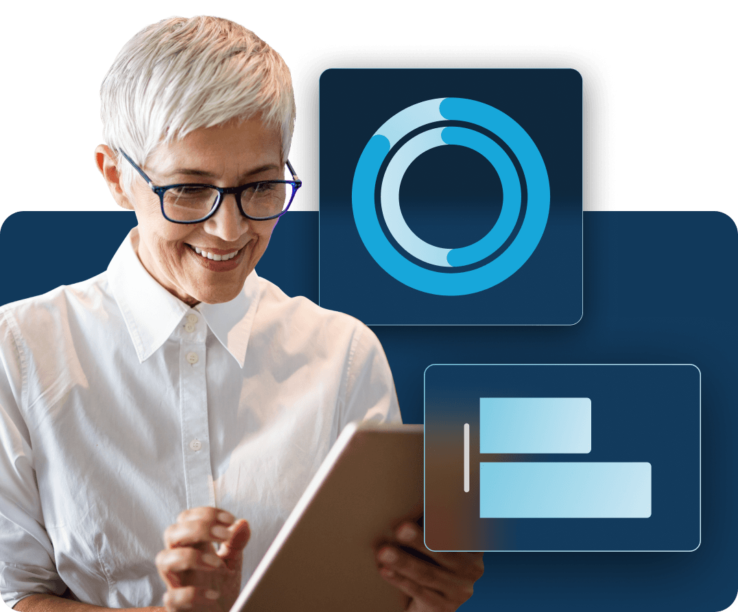 Woman on tablet surrounded by UI elements