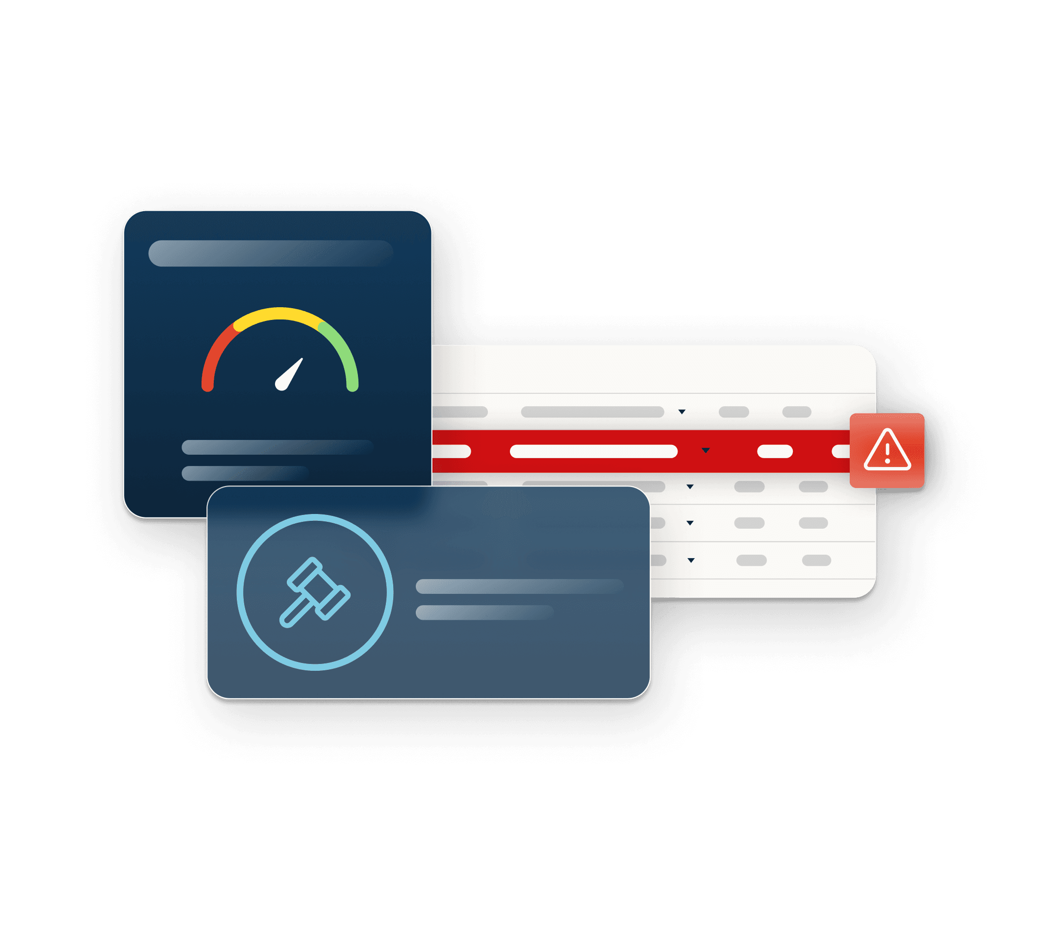 Three abstract data screens—a status gauge, a spreadsheet with an error, and a legal icon of an outlined gavel—overlap each other over a transparent background.