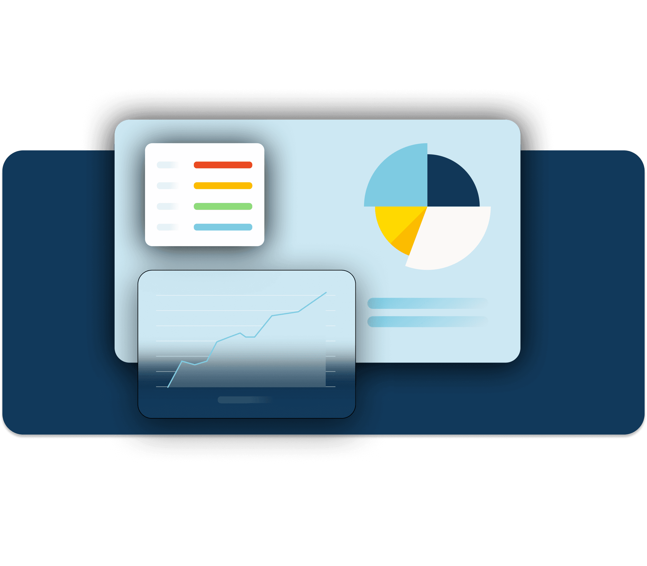 An abstract software dialog box shows data through graphs and a colorful list over a dark navy background.