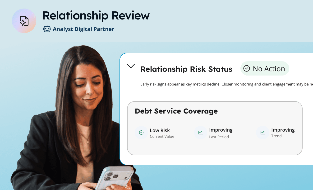 A commercial banker reviews a relationship risk status dashboard on a mobile device using nCino's Analyst Digital Partner agentic AI, with debt service coverage showing low risk and improving trends