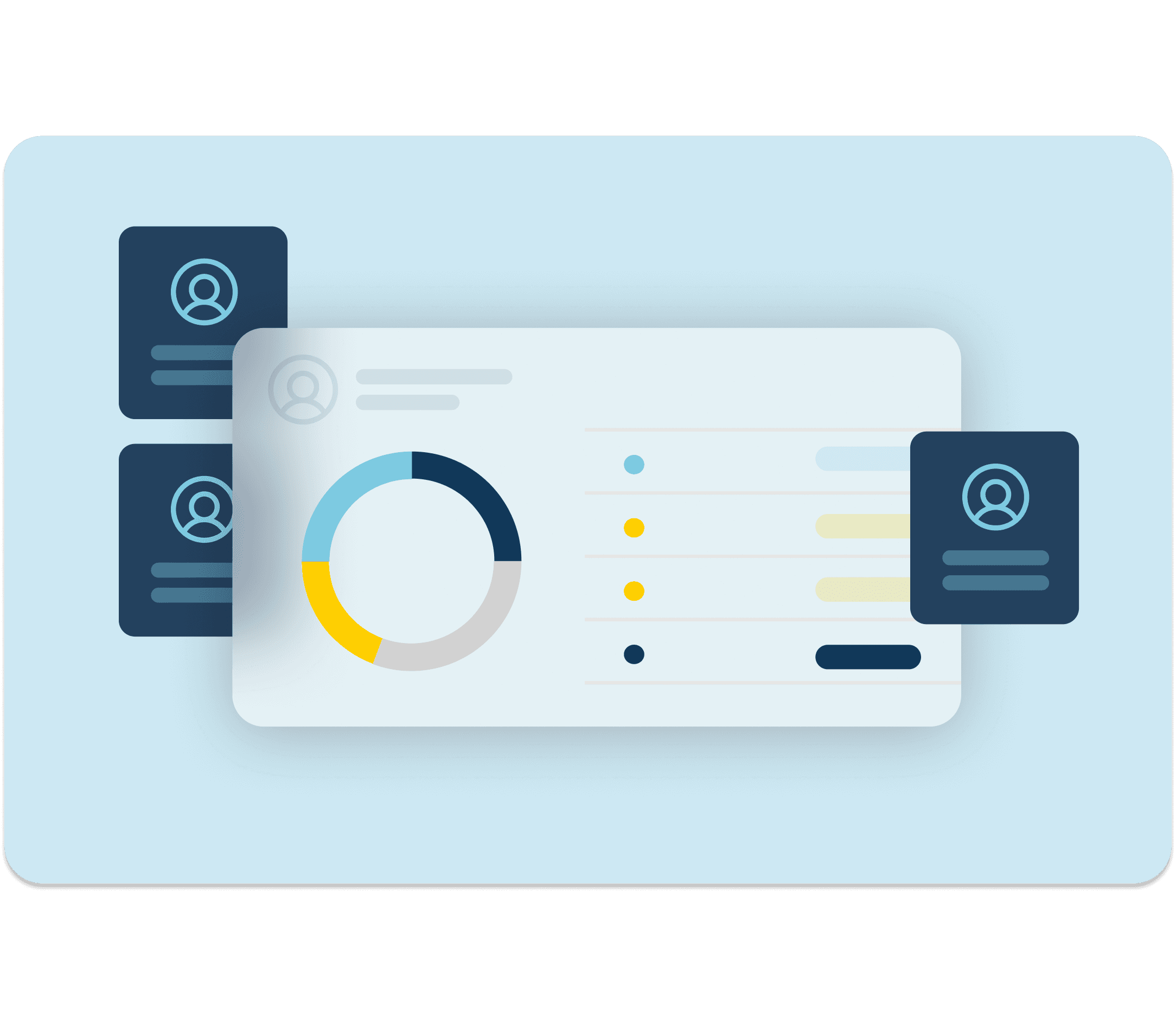 An abstract credit monitoring portfolio UI that contains a circle graph with data overlaps with three generic user ID records over a light blue background.