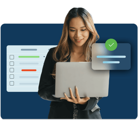 A woman smiles while holding a laptop to enter data. Abstracted lists float behind her and in front of her.