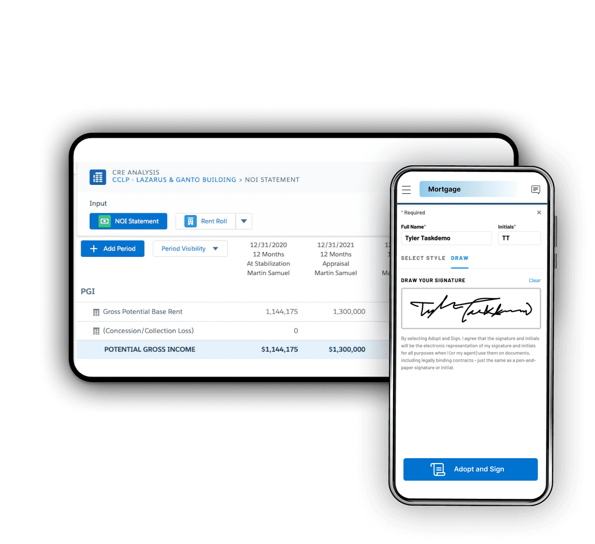 An abstract customer dashboard shows nCino's commercial mortgage lending software UI.
