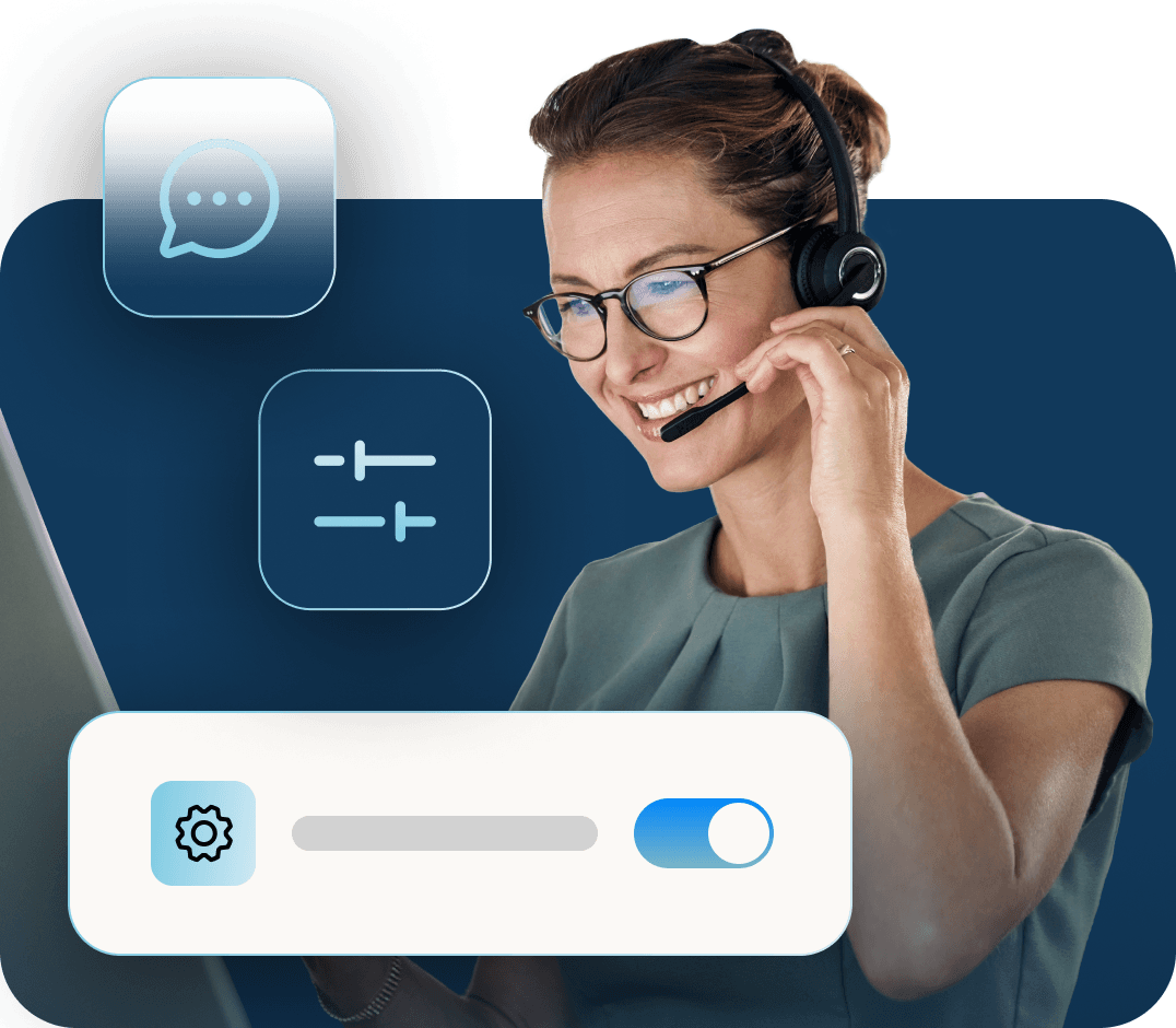 A support professional engages with a customer over the phone with icons and a toggle bar floating in front of her laptop.