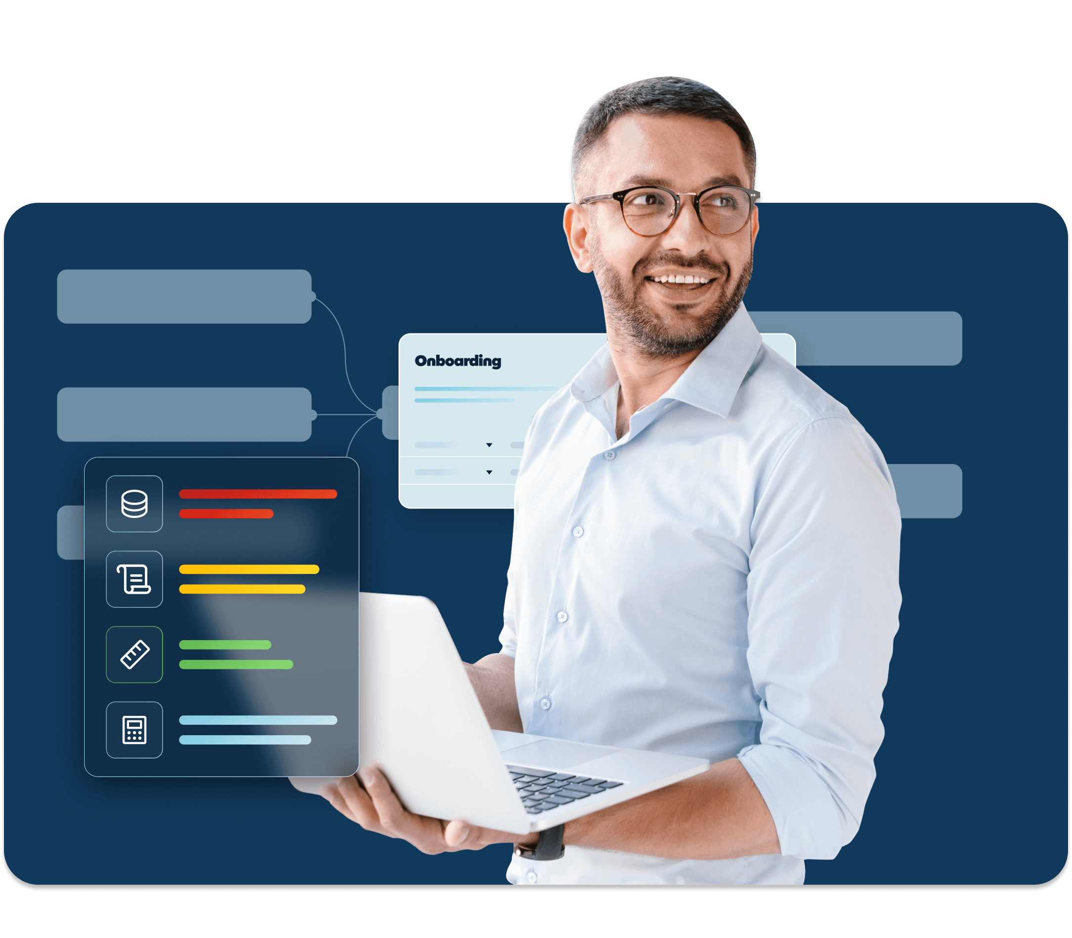 A man with laptop smiles as data and a checklist floats around him.