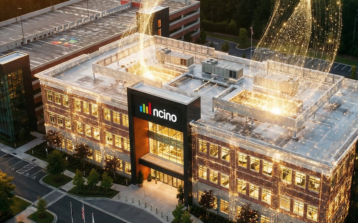 Aerial view of nCino's headquarters building with glowing digital light streams emanating from the structure, symbolizing AI-powered innovation in banking technology
