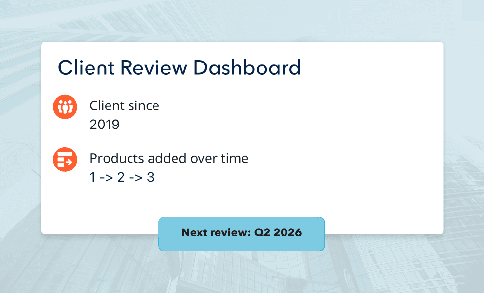 Client review dashboard showing relationship timeline and next review date
