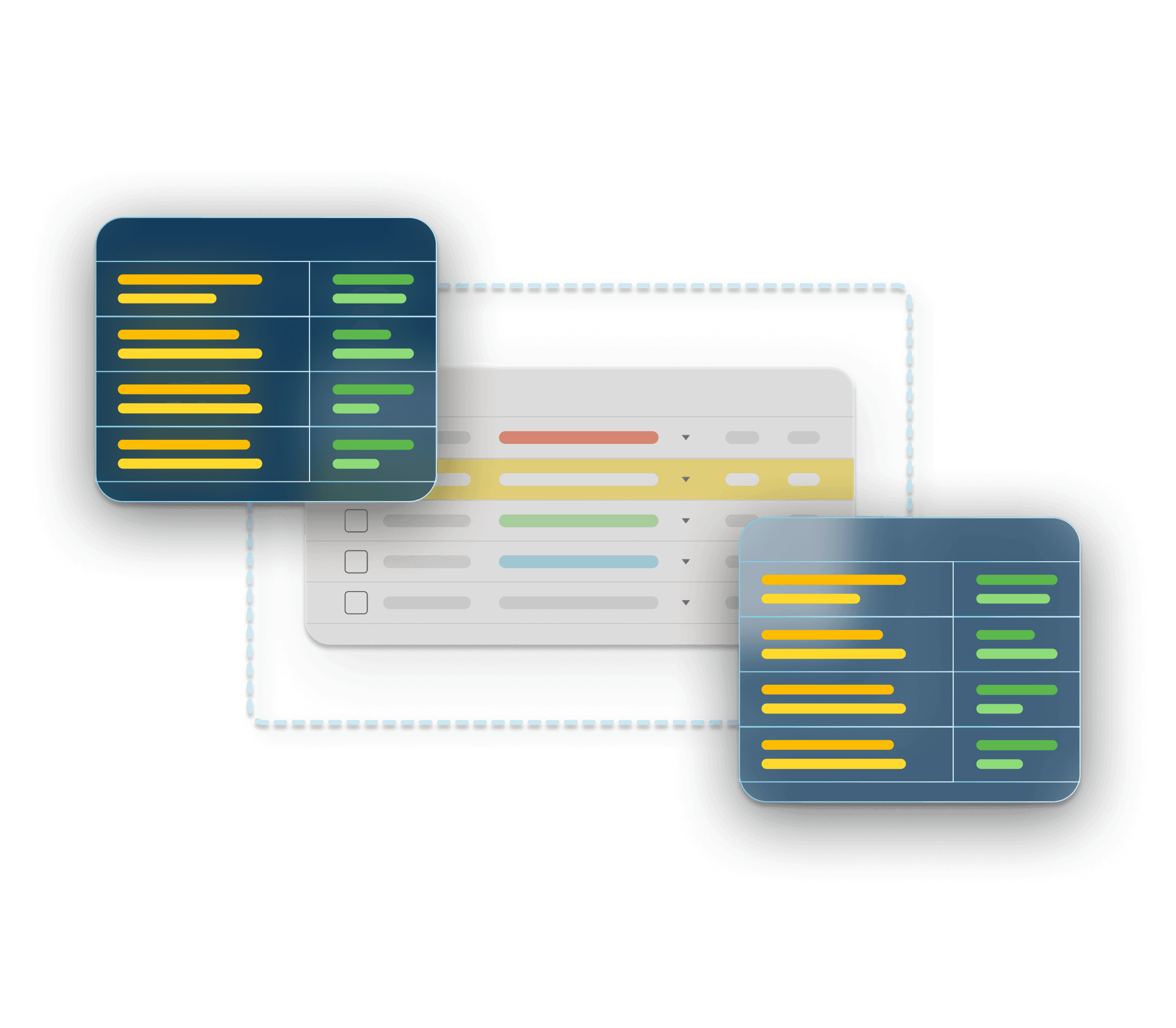 Abstract dialog boxes that contain green and yellow data overlap a spreadsheet surrounded by a dotted line.